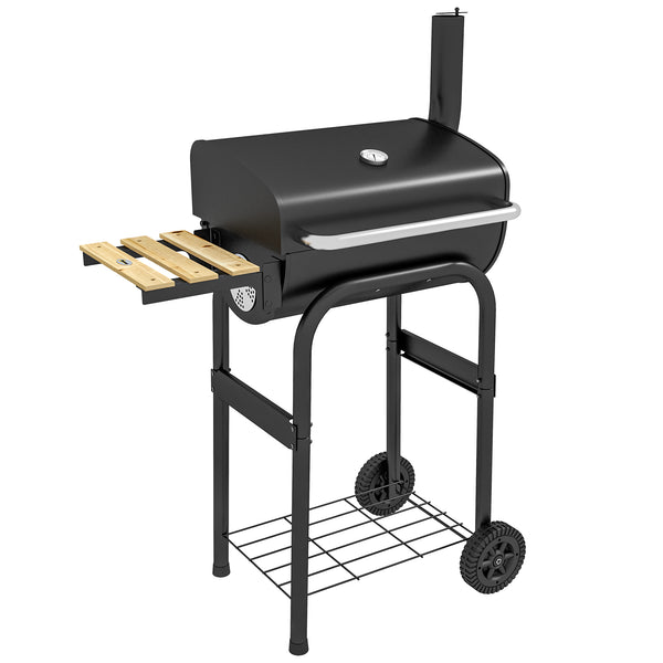 Charcoal Barbecue Grill with Shelves, Portable BBQ Trolley Smoker with Wheels, Lid, Thermometer, Chimney for Outdoor Garden Party Cooking, Black