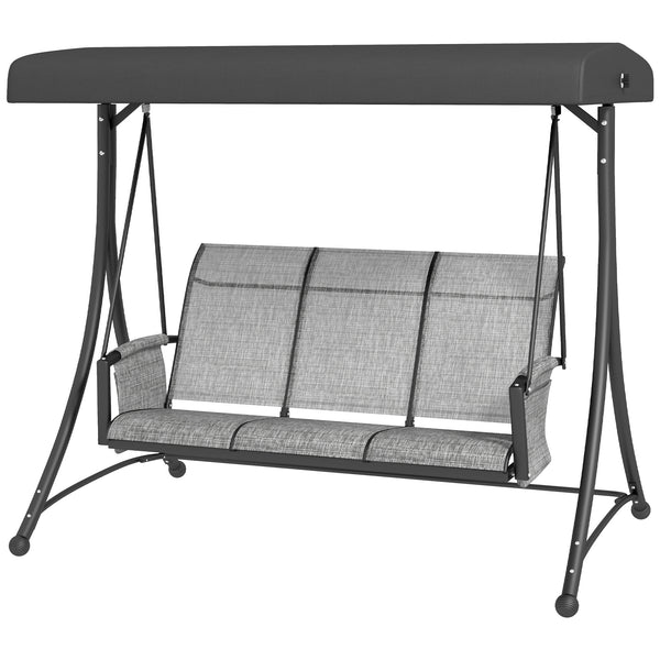 3 Person Porch Swing Outdoor Swing Chair with High Back Design, Side Pouches and Adjustable Canopy, Mixed Grey