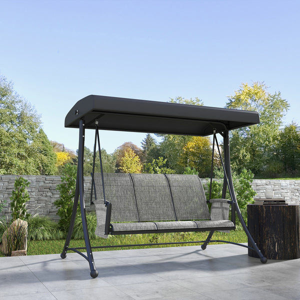 3 Person Porch Swing Outdoor Swing Chair with High Back Design, Side Pouches and Adjustable Canopy, Mixed Grey