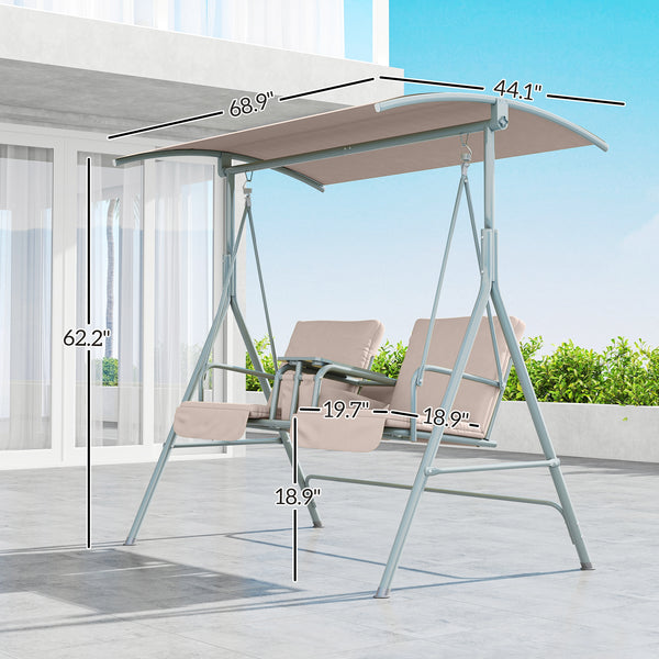 2 Person Porch Swing with Stand, Outdoor Swing with Canopy, Pivot Storage Table, 2 Cup Holders, Cushions for Patio, Backyard, Beige