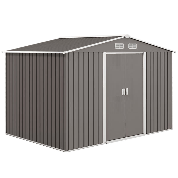 9 x 6ft Metal Garden Shed, Outdoor Storage Tool House with Ventilation Slots, Foundation Kit and Lockable Double Doors, Grey