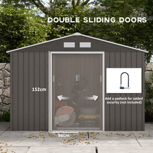 9 x 6ft Metal Garden Shed, Outdoor Storage Tool House with Ventilation Slots, Foundation Kit and Lockable Double Doors, Grey