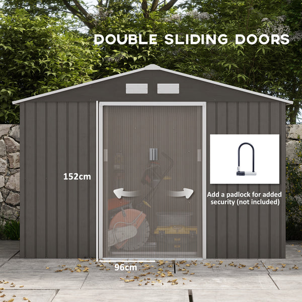 9' x 6' Garden Storage Shed with Foundation Kit, Metal Tool Storage House with Double Doors for Outdoor Patio Yard, Grey