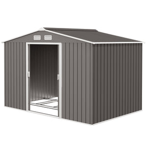9 x 6ft Metal Garden Shed, Outdoor Storage Tool House with Ventilation Slots, Foundation Kit and Lockable Double Doors, Grey