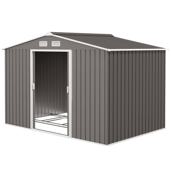 9' x 6' Garden Storage Shed with Foundation Kit, Metal Tool Storage House with Double Doors for Outdoor Patio Yard, Grey