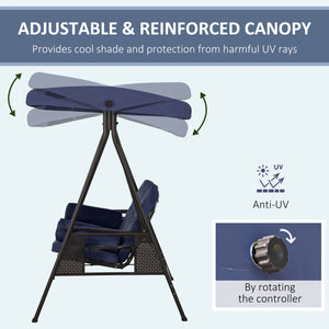 Outsunny 3-Seat Patio Swing Chair, Outdoor Porch Swing Glider with Adjustable Canopy, Removable Cushion, Pillows and Side Trays, for Garden, Poolside, Backyard, Dark Blue