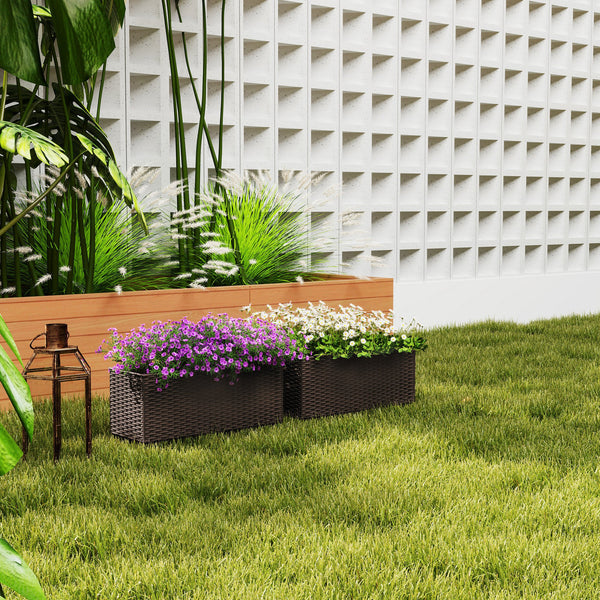 2 Pack Railing Planter Box, 20 Inch Hanging Flower Pots with Hooks and Drainage Hole, Rectangular Planters for Fence, Balcony, Garden, Patio, Rattan Look, Brown