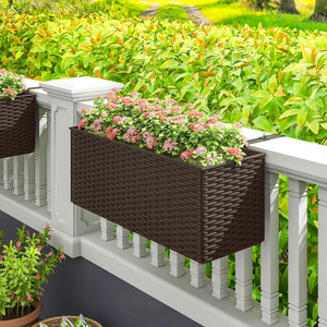 2 Pack Railing Planter Box, 20 Inch Hanging Flower Pots with Hooks and Drainage Hole, Rectangular Planters for Fence, Balcony, Garden, Patio, Rattan Look, Brown