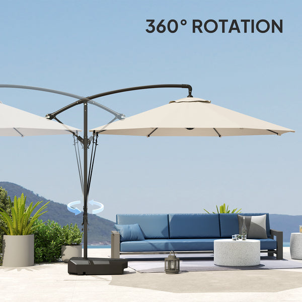 3(m) Garden Cantilever Parasol with Fillable Base, Wind Protection Strap, Cover, Round Banana Hanging Umbrella with Crank Handle and Tilt, Patio Umbrella for Outdoor Sun Shade, UPF50+, Cream