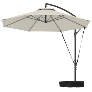 3(m) Garden Cantilever Parasol with Fillable Base, Wind Protection Strap, Cover, Round Banana Hanging Umbrella with Crank Handle and Tilt, Patio Umbrella for Outdoor Sun Shade, UPF50+, Cream