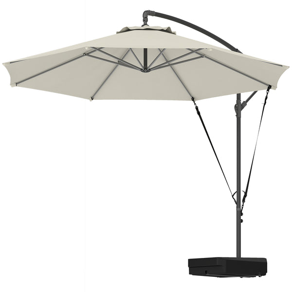 3(m) Garden Cantilever Parasol with Fillable Base, Wind Protection Strap, Cover, Round Banana Hanging Umbrella with Crank Handle and Tilt, Patio Umbrella for Outdoor Sun Shade, UPF50+, Cream