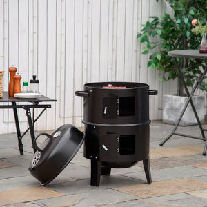 Vertical Charcoal BBQ Smoker, 3-in-1 16" Round Charcoal Barbecue Grill with 2 Cooking Area, and Thermometer for Outdoor Camping Picnic Backyard Cooking, Black