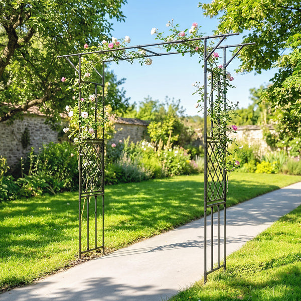 7.1ft Garden Arch, PE-Coated Steel Outdoor Trellis Arbor for Climbing Plants, Wedding Arch for Party Outdoor Garden Backyard, Black