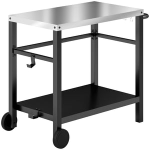 Outdoor Grill Dining Cart with Stainless Steel Tabletop, 2-Shelf BBQ Movable Pizza Oven Stand with Shelf, Hooks, Wheels, Charcoal Grey