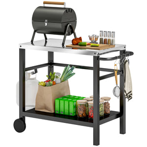 Outdoor Grill Dining Cart with Stainless Steel Tabletop, 2-Shelf BBQ Movable Pizza Oven Stand with Shelf, Hooks, Wheels, Charcoal Grey
