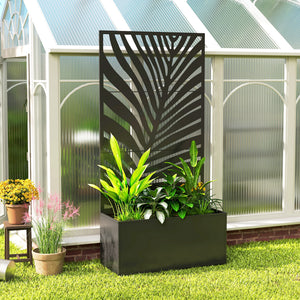 Metal Planter Box with Trellis, 71" Tall Raised Garden Bed with Trellis Privacy Screen for Climbing Plants, Large Leaf Cut-Out Privacy Planter for Garden, Patio, Balcony