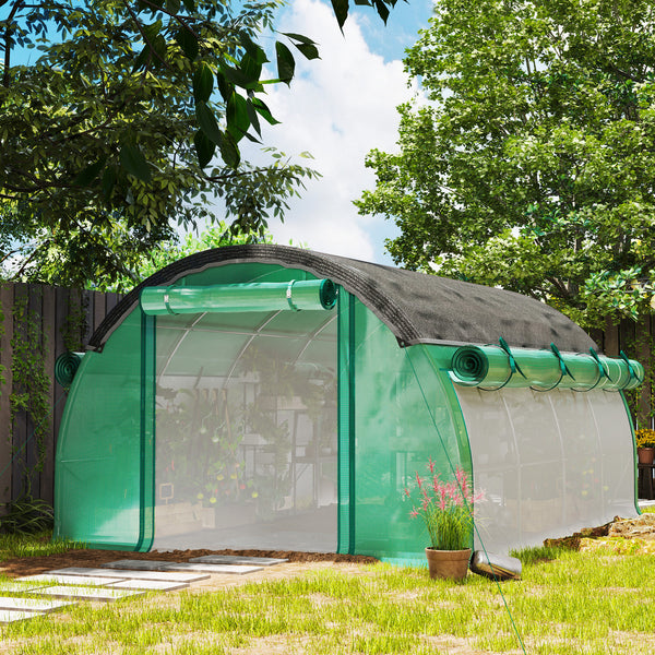 Walk-in Tunnel Greenhouse, 10' x 13' x 6.5' Plant Hot House with Sunshade Net, Roll-up Mesh Sidewalls, 2 Doors and 8 Windows, PE Cover, Galvanised Steel Frame, Green