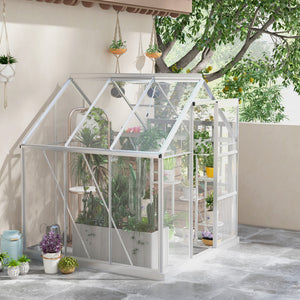 6 x 6ft Polycarbonate Greenhouse, Walk-In Greenhouse with Sliding Door, Adjustable Window, Aluminium Frame and Foundation, Garden Grow House with Rain Gutter, Silver