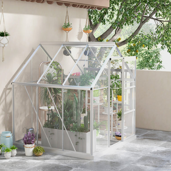6' x 6' Polycarbonate Greenhouse, Walk-In Greenhouse with Sliding Door, Adjustable Vent, Aluminium Frame and Foundation Kit, Garden Grow House with Rain Gutter, Silver