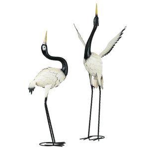 Outsunny Heron Garden Statues, 35.5" & 40.5" Standing Bird Sculptures, Metal Yard Art Decor for Lawn, Patio, Backyard, Landscape Decoration Set of 2, White & Black