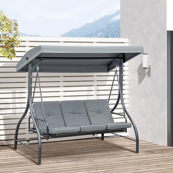 3 Seater Canopy Swing Chair, 2 in 1 Garden Swing Seat Bed, with Adjustable Canopy and Metal Frame, Dark Grey