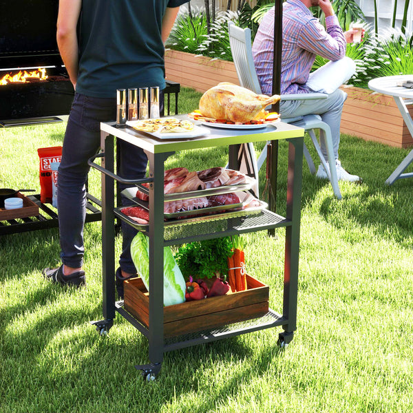 3-Shelf Outdoor Grill Dining Cart with Stainless Steel Tabletop, Pizza Oven Stand with 3 Hooks, Side Handle, BBQ Movable Food Prep Table with 4 Wheels for Backyard Party