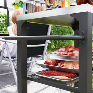 3-Shelf Outdoor Grill Dining Cart with Stainless Steel Tabletop, Pizza Oven Stand with 3 Hooks, Side Handle, BBQ Movable Food Prep Table with 4 Wheels for Backyard Party