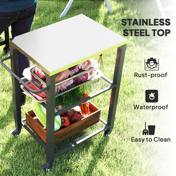 3-Shelf Outdoor Grill Dining Cart with Stainless Steel Tabletop, Pizza Oven Stand with 3 Hooks, Side Handle, BBQ Movable Food Prep Table with 4 Wheels for Backyard Party