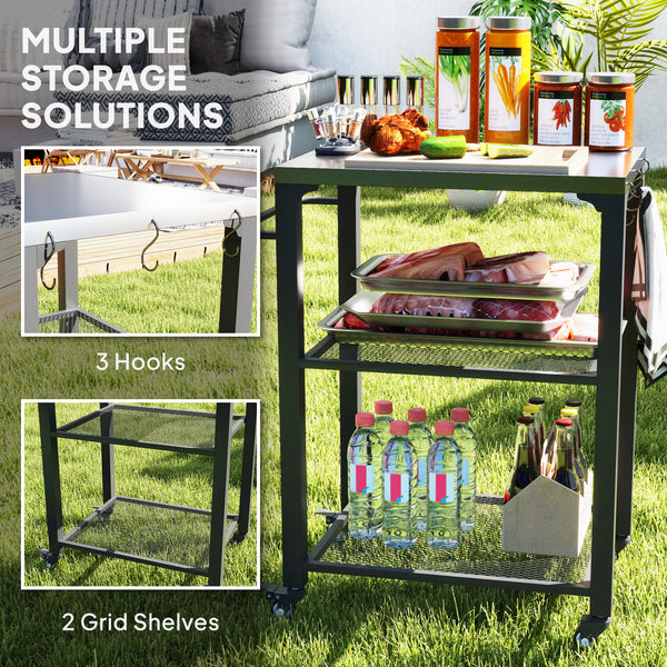 3-Shelf Outdoor Grill Dining Cart with Stainless Steel Tabletop, Pizza Oven Stand with 3 Hooks, Side Handle, BBQ Movable Food Prep Table with 4 Wheels for Backyard Party