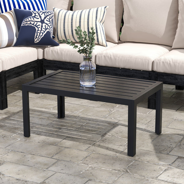 Garden Coffee Table, Rectangular Patio Side Table with Steel Frame and Slat Tabletop for Outdoor, Balcony, 101.5 x 61cm, Black