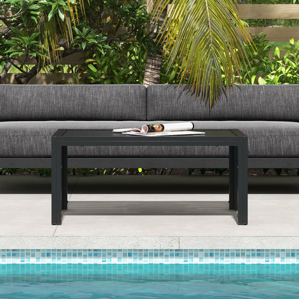 Garden Coffee Table, Rectangular Patio Side Table with Steel Frame and Slat Tabletop for Outdoor, Balcony, 101.5 x 61cm, Black