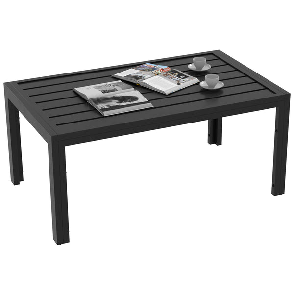 Patio Coffee Table, Rectangle Outdoor Side Table with Steel Frame and Slat Tabletop for Garden, Balcony, Backyard, Porch, Black