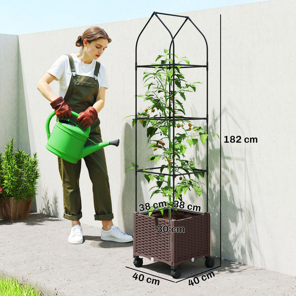 Raised Garden Bed with Trellis, Tomato Cage with Lockable Wheels, Self Watering Planter Box with Drainage Holes and Plugs for Outdoor Patio Climbing Plants, Vines, Vegetables, Flowers, Brown