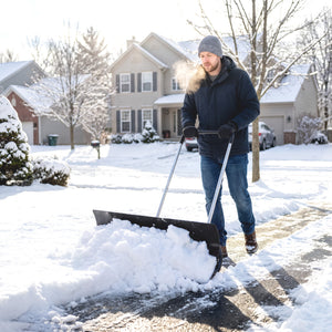 37-Inch Extra Wide Snow Shovel with Wheels, Heavy Duty Aluminum Snow Pusher with Ergonomic Adjustable Handle, Angled Blade and Non-Slip Grip for Driveway, Sidewalks, Garden, Deck, Black