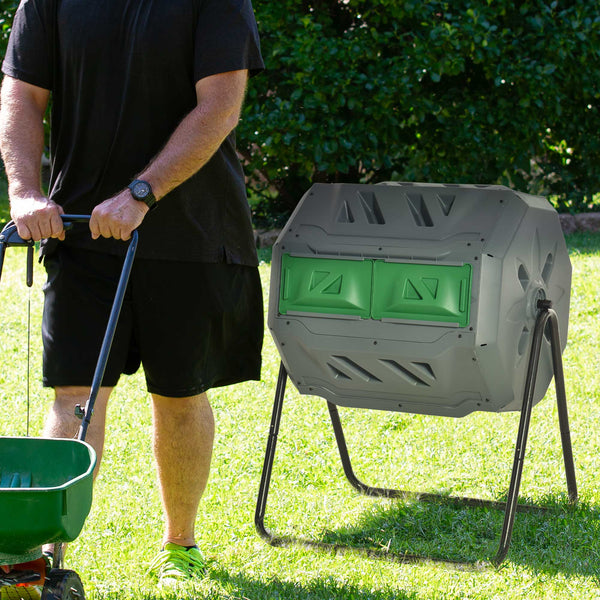 160L Tumbling Compost Bin Outdoor Dual Chamber 360° Rotating Composter, Garden Compost Bin w/ Sliding Doors & Solid Steel Frame, Grey