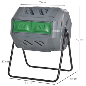 160L Tumbling Compost Bin Outdoor Dual Chamber 360° Rotating Composter, Garden Compost Bin w/ Sliding Doors & Solid Steel Frame, Grey