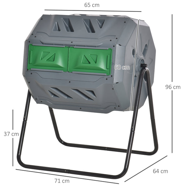 160L Tumbling Compost Bin Outdoor Dual Chamber 360° Rotating Composter, Garden Compost Bin w/ Sliding Doors & Solid Steel Frame, Grey