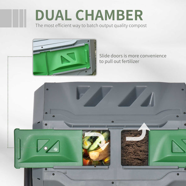 160L Tumbling Compost Bin Outdoor Dual Chamber 360° Rotating Composter, Garden Compost Bin w/ Sliding Doors & Solid Steel Frame, Grey