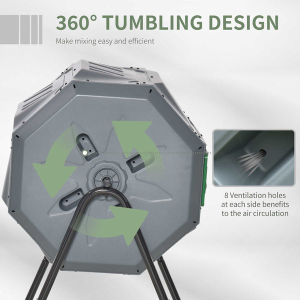 160L Tumbling Compost Bin Outdoor Dual Chamber 360° Rotating Composter, Garden Compost Bin w/ Sliding Doors & Solid Steel Frame, Grey