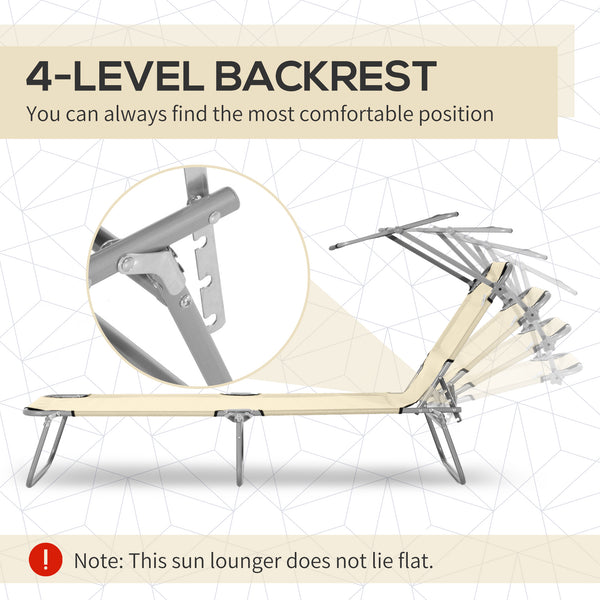 Outdoor Lounge Chair, Adjustable Folding Chaise Lounge, Tanning Chair with Sun Shade for Beach, Camping, Hiking, Backyard, Beige