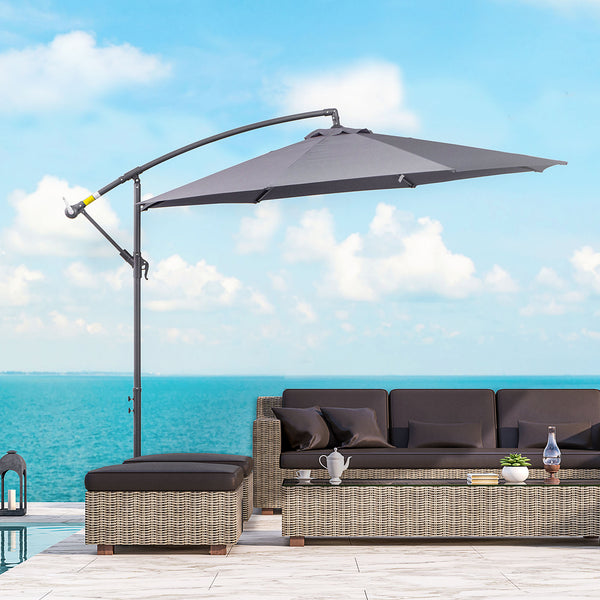 10ft Offset Patio Umbrella with Base, Garden Hanging Parasol with Crank, Banana Cantilever Umbrella Sun Shade, Grey