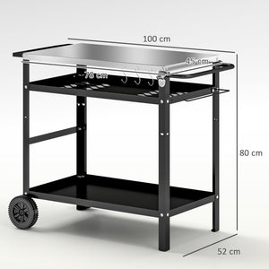 BBQ Trolley with Stainless Steel Top Adjustable Shelf, Outdoor Kitchen BBQ Station with Hooks Seasoning Tray Towel Rack, Pizza Oven Table Movable Outdoor Grill Dining Cart with Cover, Black