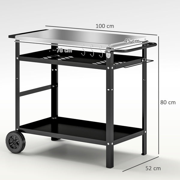 BBQ Trolley with Stainless Steel Top Adjustable Shelf, Outdoor Kitchen BBQ Station with Hooks Seasoning Tray Towel Rack, Pizza Oven Table Movable Outdoor Grill Dining Cart with Cover, Black