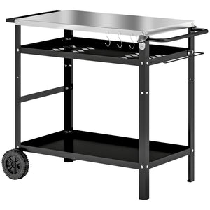 BBQ Trolley with Stainless Steel Top Adjustable Shelf, Outdoor Kitchen BBQ Station with Hooks Seasoning Tray Towel Rack, Pizza Oven Table Movable Outdoor Grill Dining Cart with Cover, Black