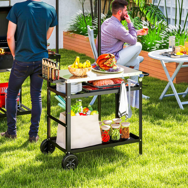 BBQ Trolley with Stainless Steel Top Adjustable Shelf, Outdoor Kitchen BBQ Station with Hooks Seasoning Tray Towel Rack, Pizza Oven Table Movable Outdoor Grill Dining Cart with Cover, Black