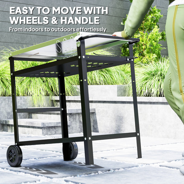 BBQ Trolley with Stainless Steel Top Adjustable Shelf, Outdoor Kitchen BBQ Station with Hooks Seasoning Tray Towel Rack, Pizza Oven Table Movable Outdoor Grill Dining Cart with Cover, Black