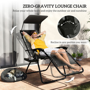 Zero Gravity Lounger Chair Set of 2, Folding Reclining Patio Chair with Shade Cover, Padded Seat, Cup Holder, Soft Cushion and Headrest for Poolside, Camping, Black