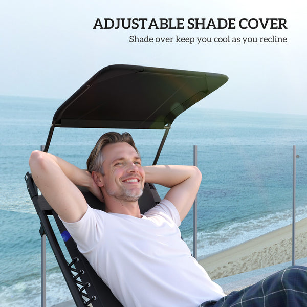 Zero Gravity Lounger Chair Set of 2, Folding Reclining Patio Chair with Shade Cover, Padded Seat, Cup Holder, Soft Cushion and Headrest for Poolside, Camping, Black