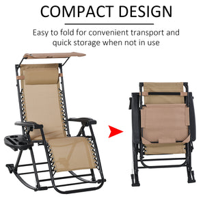 Garden Rocking Chair Folding Recliner Outdoor Adjustable Sun Lounger Rocker Zero-Gravity Seat with Headrest Side Holder Patio Deck - Beige