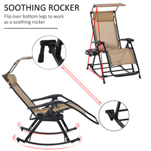 Garden Rocking Chair Folding Recliner Outdoor Adjustable Sun Lounger Rocker Zero-Gravity Seat with Headrest Side Holder Patio Deck - Beige